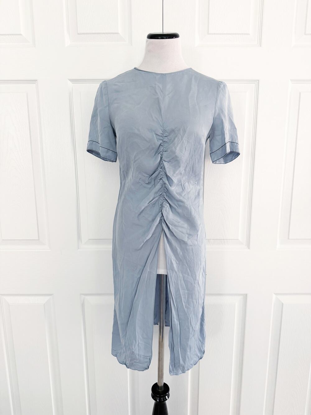 Zara Woman Powder Blue Satin Ruched Split Front Tunic Blouse Lagenlook Scandi